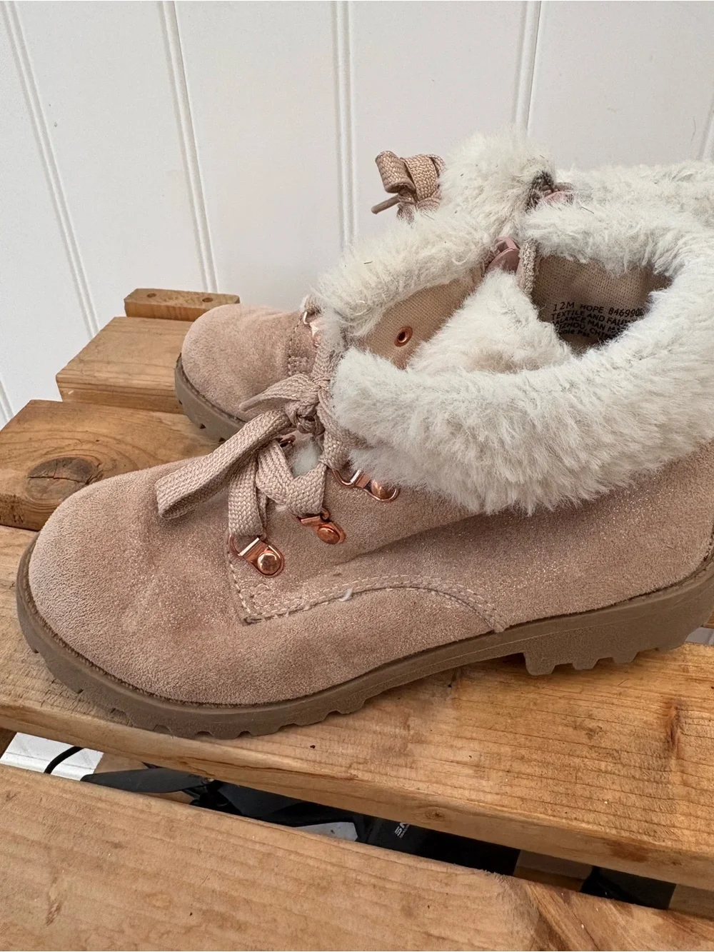 Cozy Faux-Suede Fur-Trim Kids Ankle Boots - Light Taupe